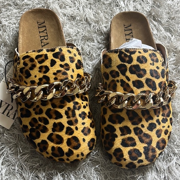 Myra leather hairon slides with gold chain detail and cork, new - Picture 2 of 9